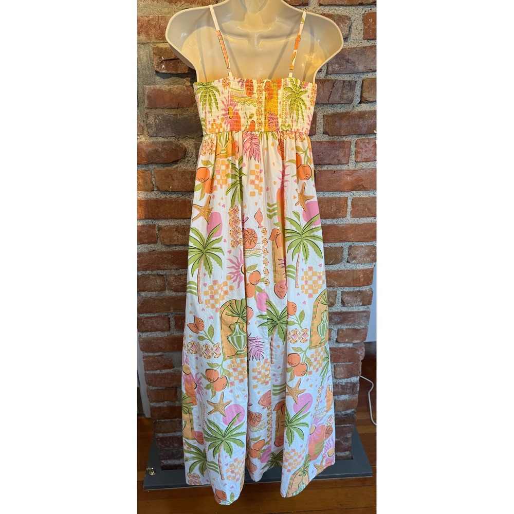 Japna Tropical Cotton Maxi Dress XS Orange Pink Palm Tree Shell Print Smocked - Picture 5 of 7